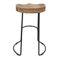 30 Inch Handcrafted Backless Counter Height Barstool, Natural Brown Mango Wood Saddle Seat, Black Iron Base Black Brown Metal & Wood