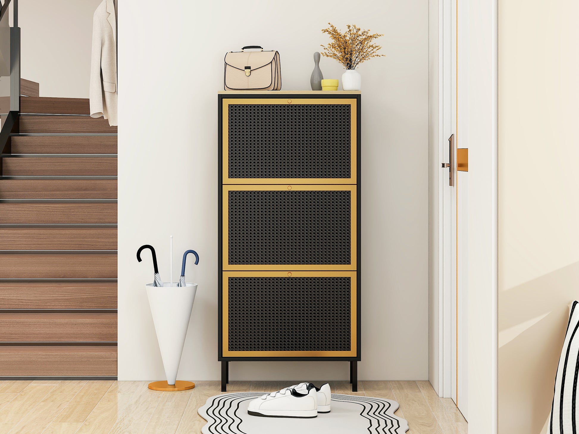 3 Metal Door Shoe Rack, Freestanding Modern Shoe Storage Cabinet, Metal Rattan, For Entryway Black Particle Board