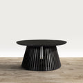 Ridge 32 Inch Handcrafted Round Coffee Table, Mango Wood, Slatted Flared Base, Black Black Solid Wood