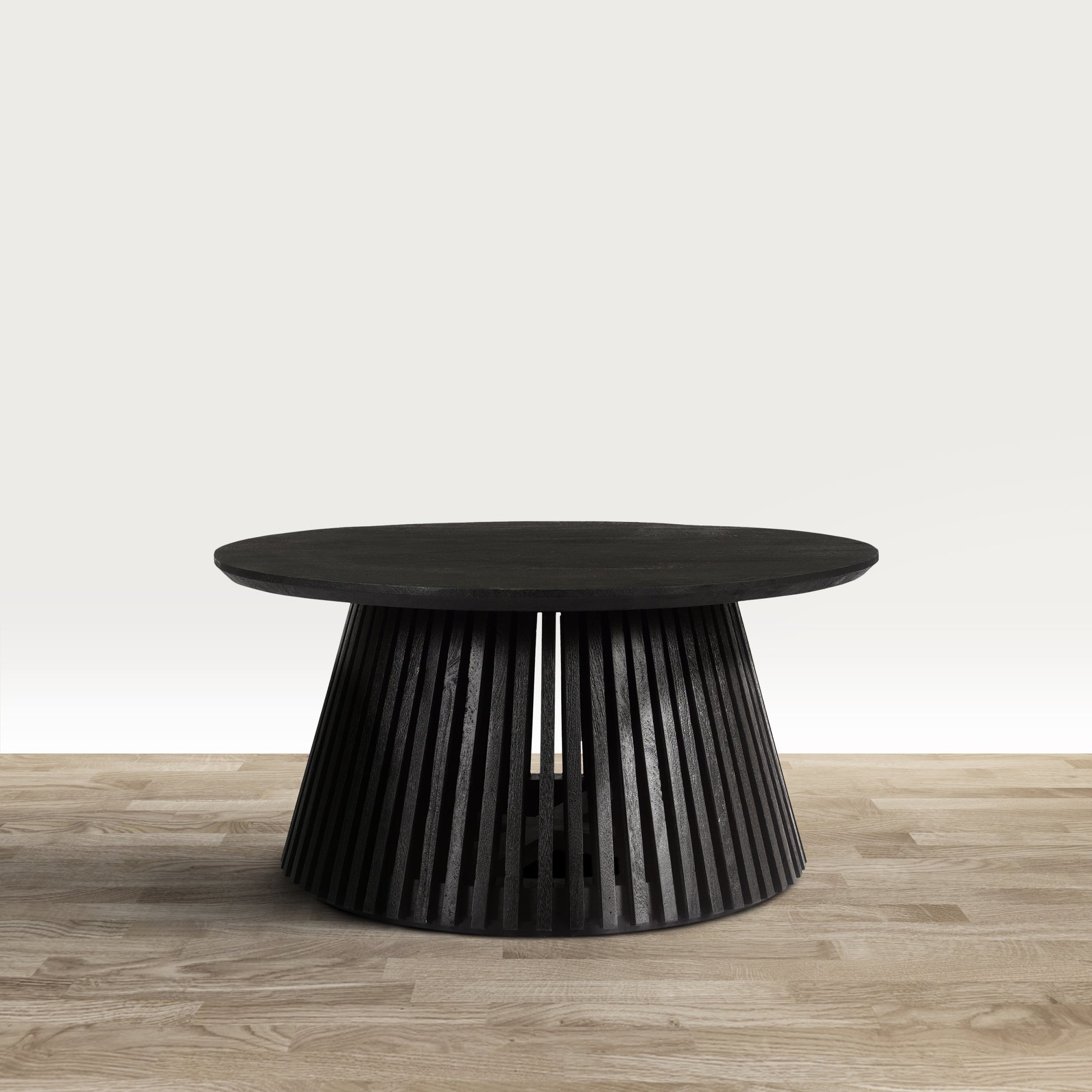 Ridge 32 Inch Handcrafted Round Coffee Table, Mango Wood, Slatted Flared Base, Black Black Solid Wood