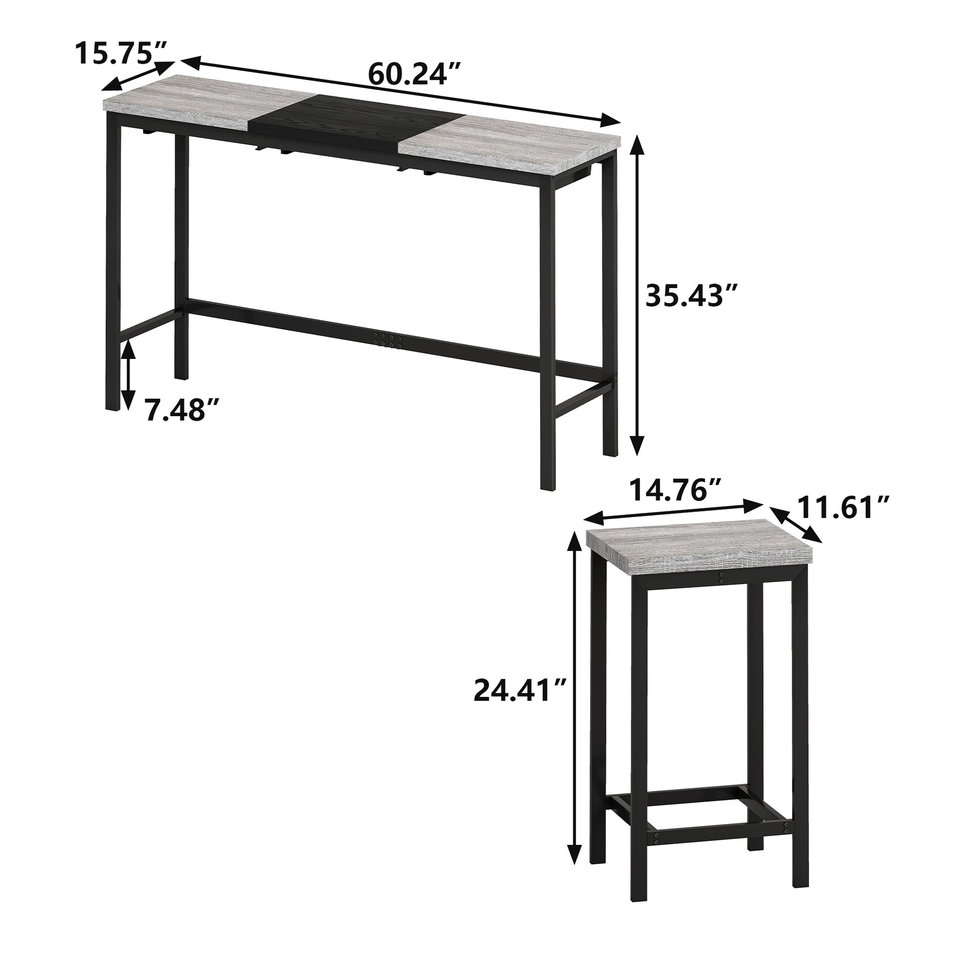 Modern Design Kitchen Dining Table, Pub Table, Long Dining Table Set With 3 Stools, Convenient Hanging Stool Design, Grey Black Grey Black Desk And Chair Set Mdf Metal
