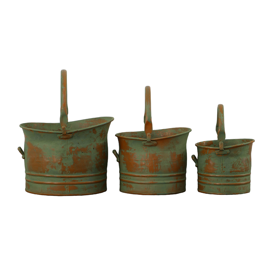 Tinged Metal Bucket Planter With Handles, Patina Rust Finish, Green, Set Of 3 Green Metal