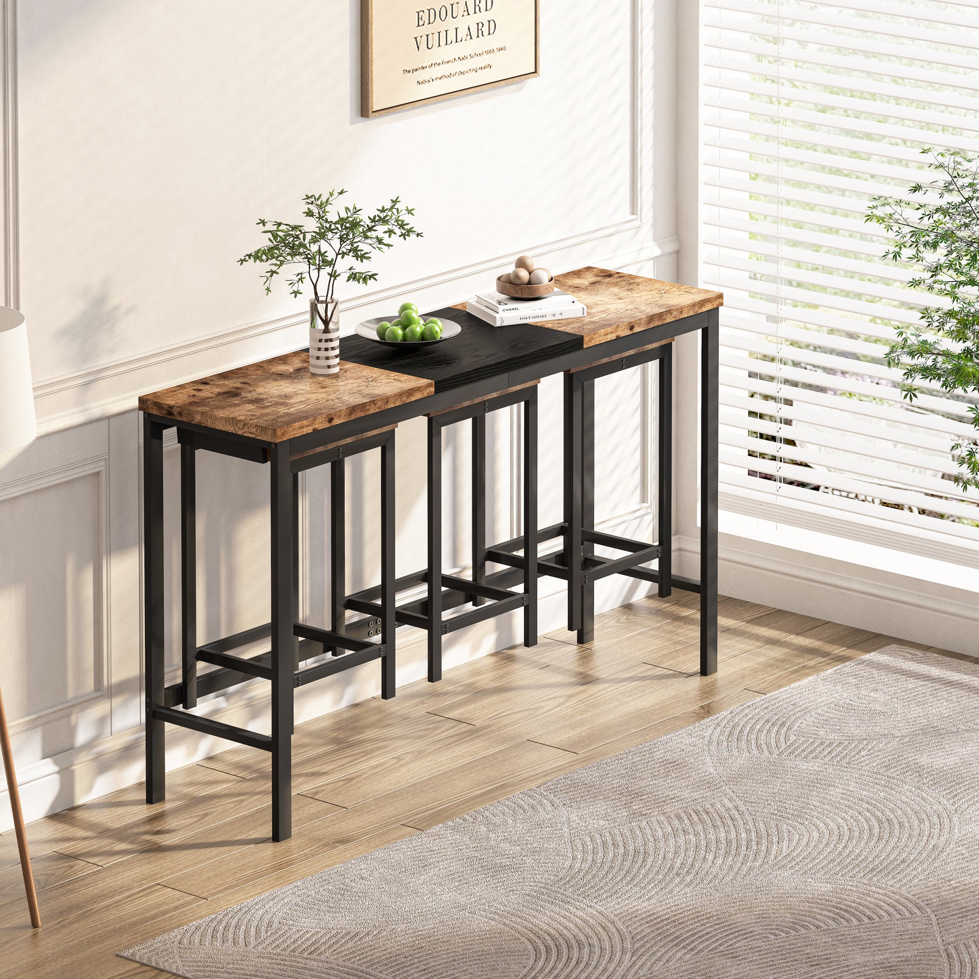 Modern Design Kitchen Dining Table, Pub Table, Long Dining Table Set With 3 Stools, Convenient Hanging Stool Design, Natural Black Natural Black Desk And Chair Set Mdf Metal