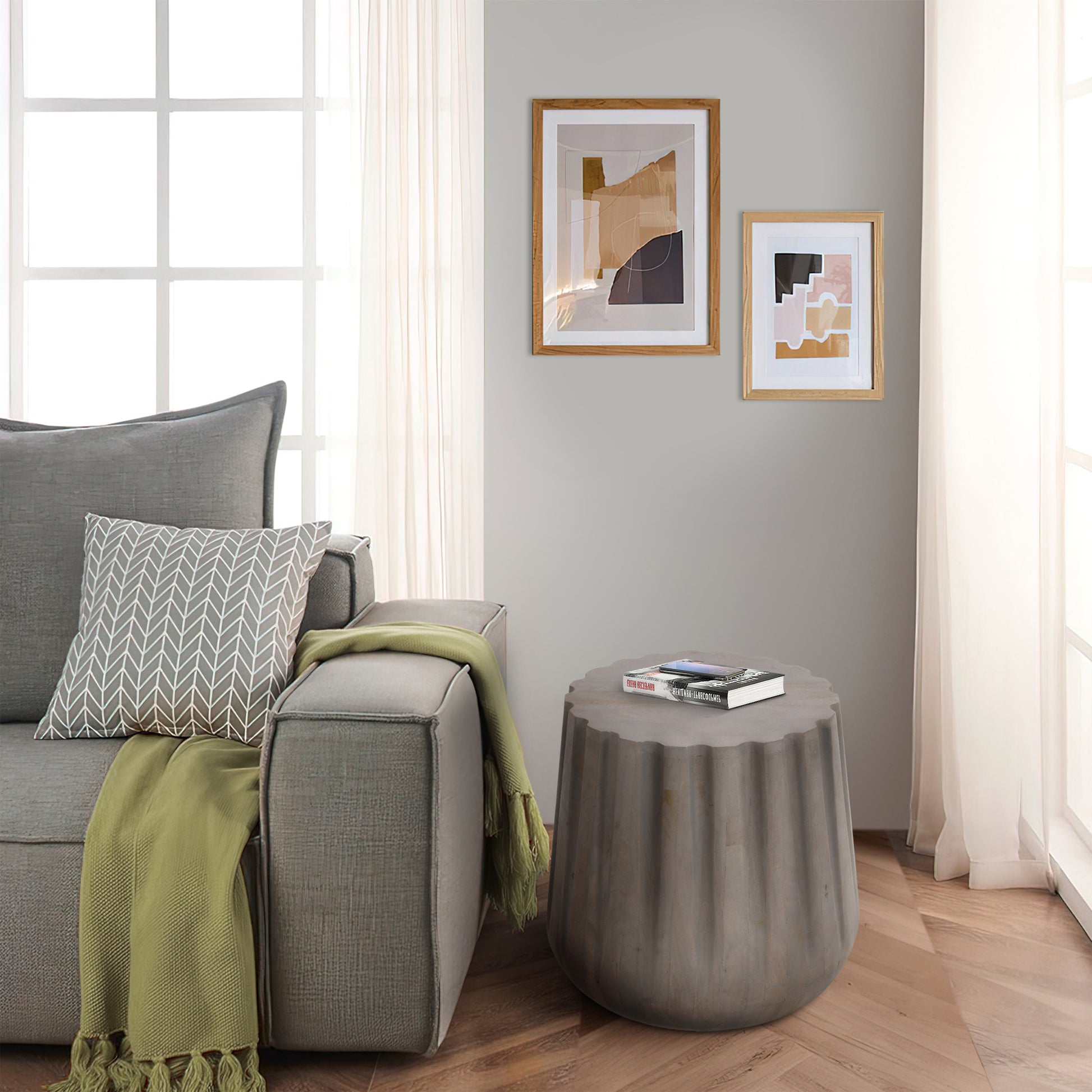22 Inch Side End Table, Mango Wood Drum Shape With Handcrafted Grooved Edges, Gray Gray Solid Wood