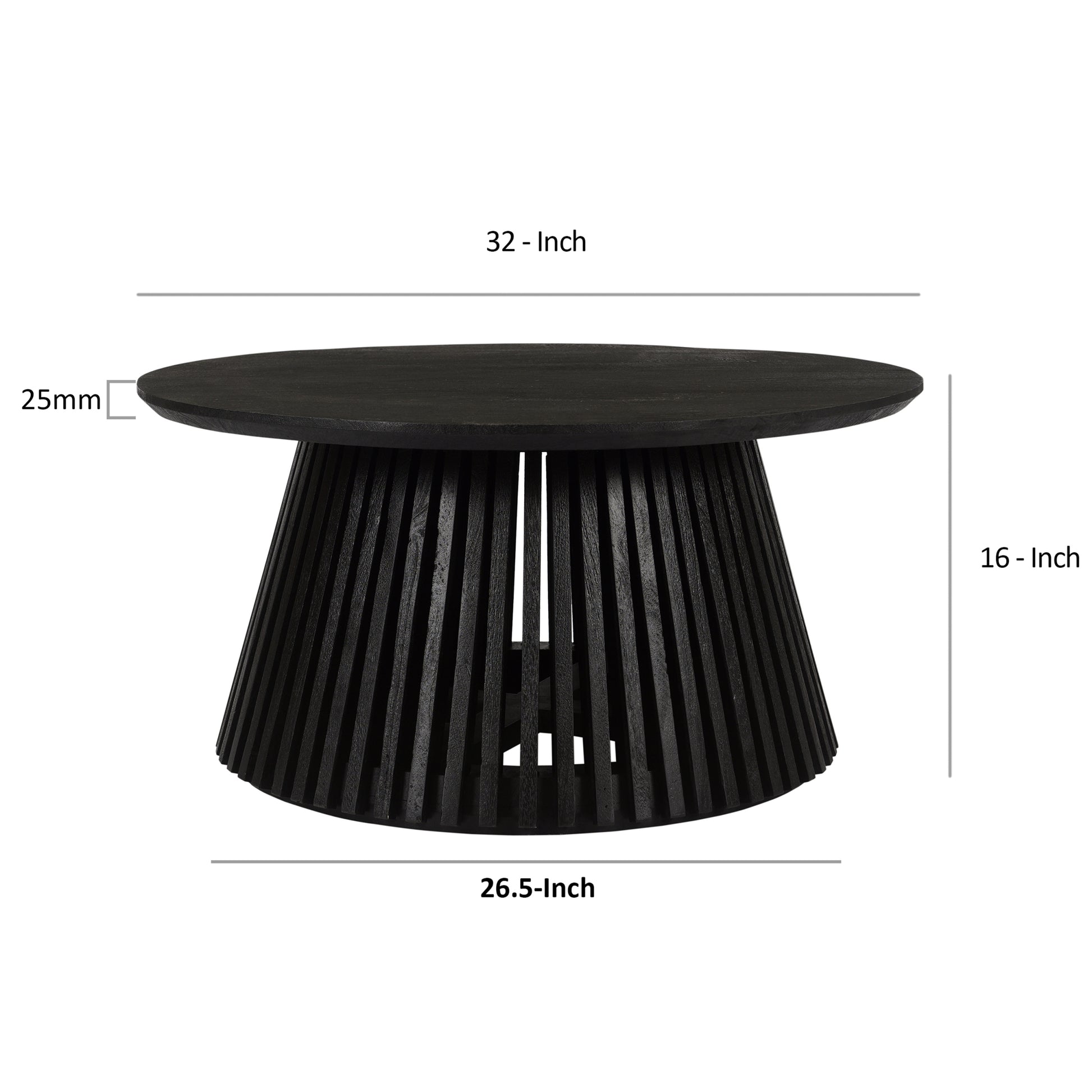 Ridge 32 Inch Handcrafted Round Coffee Table, Mango Wood, Slatted Flared Base, Black Black Solid Wood