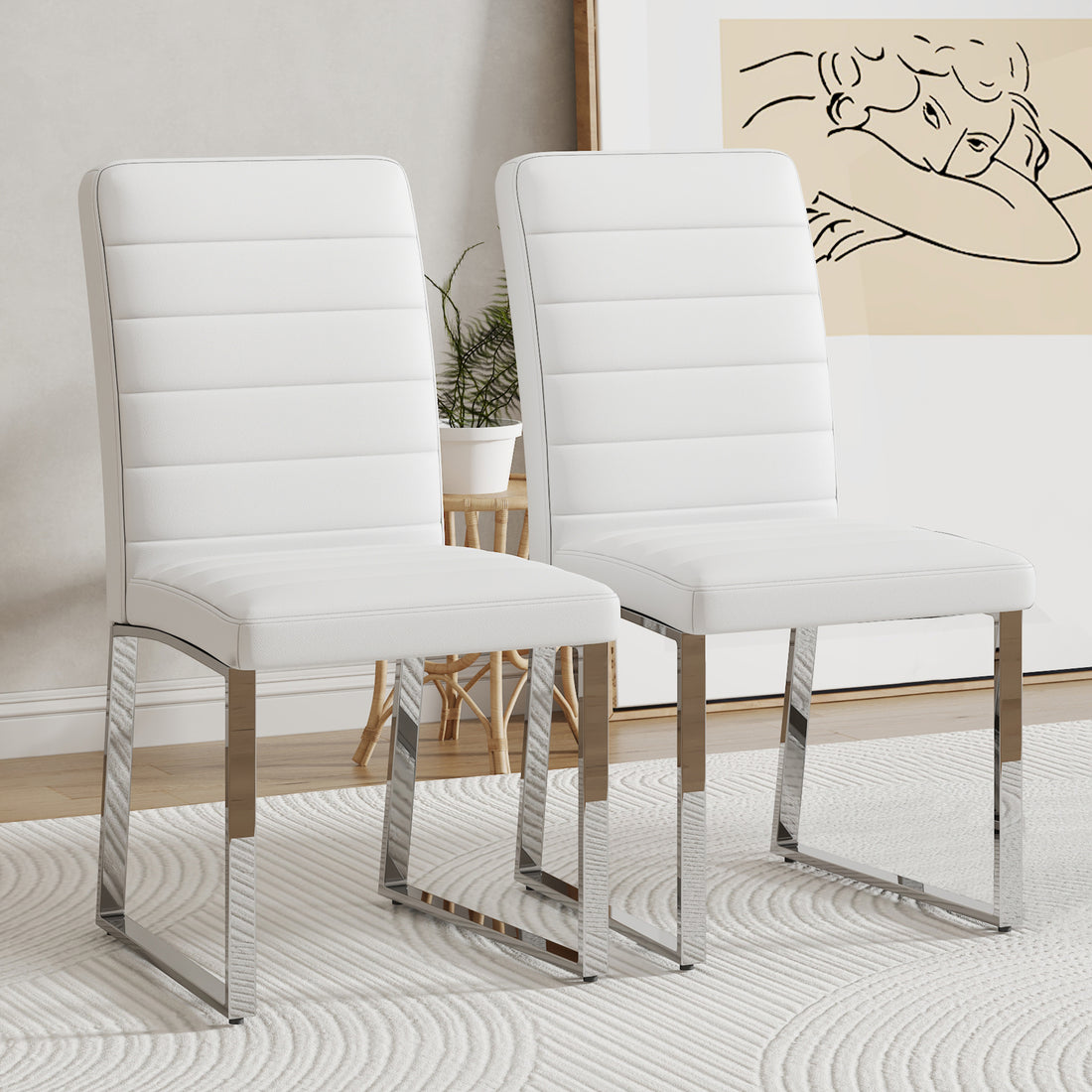 Set Of 2 Dining Chairs, White Dining Chair Set, Pu Material High Backrest Seats And Sturdy Leg Chairs, Suitable For Restaurants, Kitchens, Living Rooms White Pu