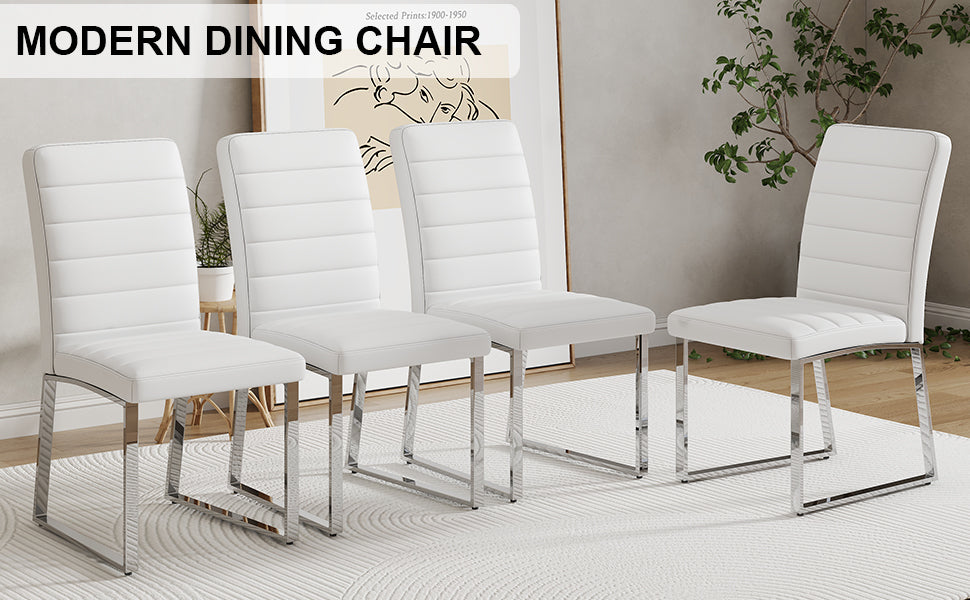 Set Of 4 Dining Chairs, White Dining Chair Set, Pu Material High Backrest Seats And Sturdy Leg Chairs, Suitable For Restaurants, Kitchens, Living Rooms White Pu