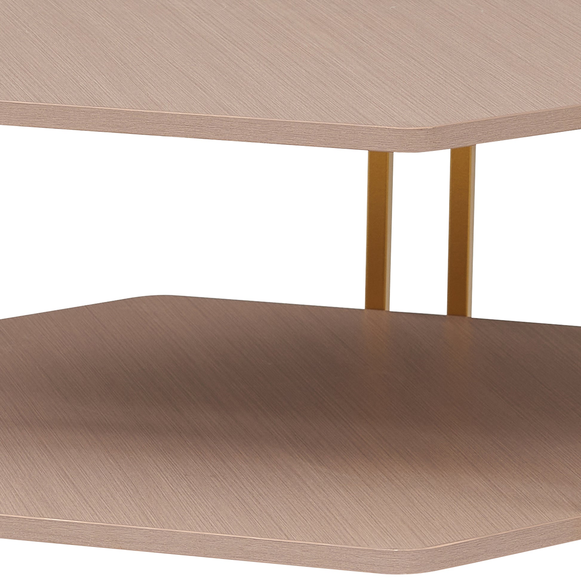 36 Inch Hexagonal Modern Coffee Table, Wood Top And Shelf, Gold Metal Legs Brown Gold Particle Board
