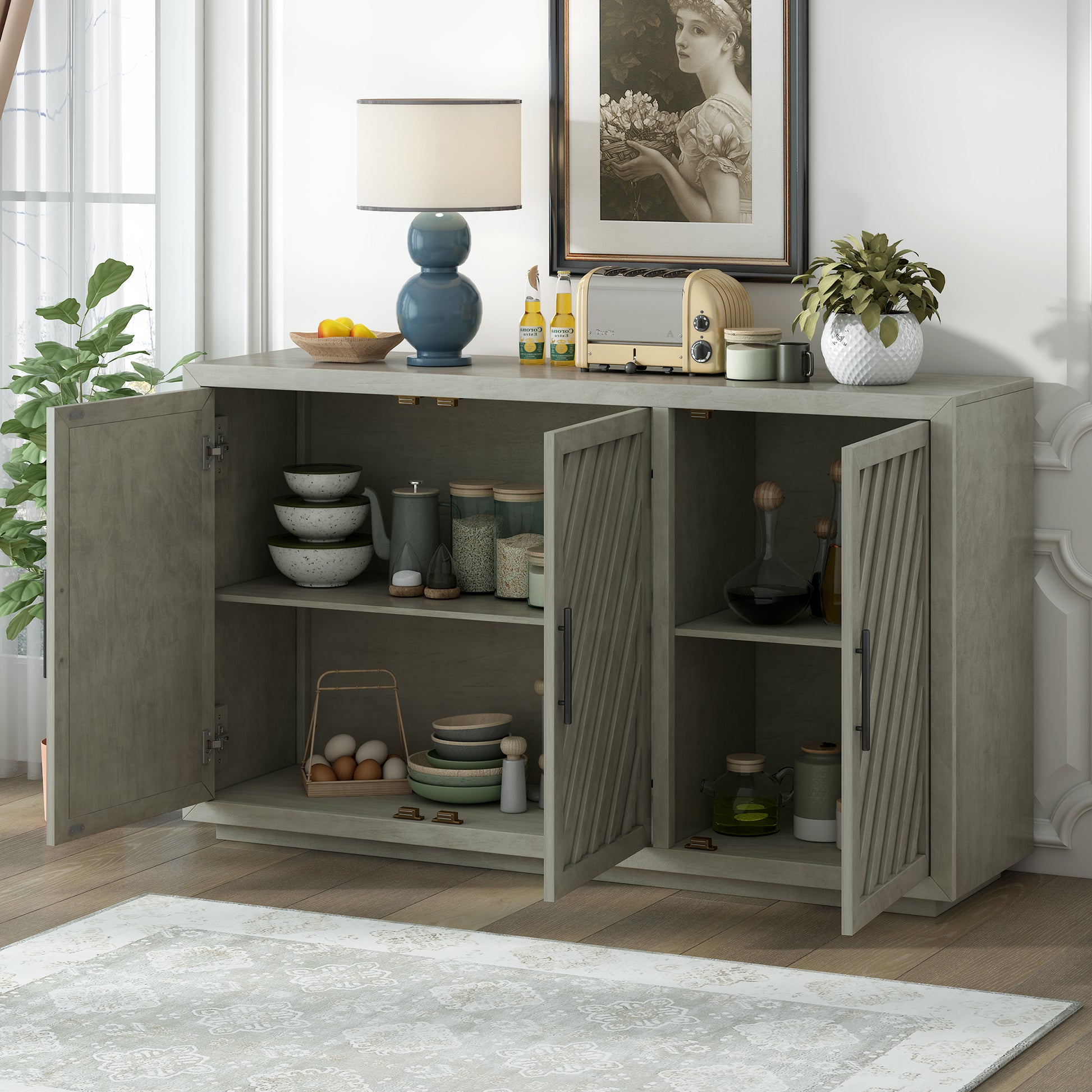 3 Door Large Storage Retro Sideboard With Adjustable Shelves And Black Handles For Kitchen, Dining Room And Living Room Antique Gray Antique Gray Solid Wood Mdf