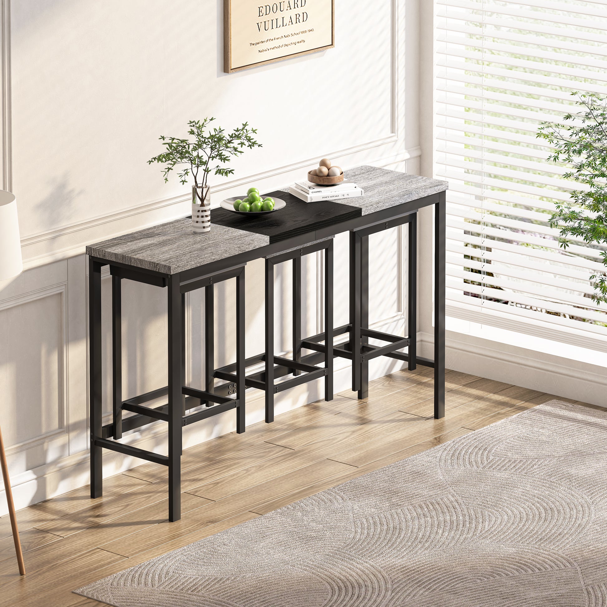 Modern Design Kitchen Dining Table, Pub Table, Long Dining Table Set With 3 Stools, Convenient Hanging Stool Design, Grey Black Grey Black Desk And Chair Set Mdf Metal