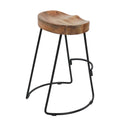 24 Inch Handcrafted Backless Barstool, Natural Brown Mango Wood Thick Saddle Seat, Black Iron Base Black Brown Metal & Wood