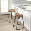 24 Inch Handcrafted Backless Barstool, Natural Brown Mango Wood Thick Saddle Seat, Black Iron Base Black Brown Metal & Wood