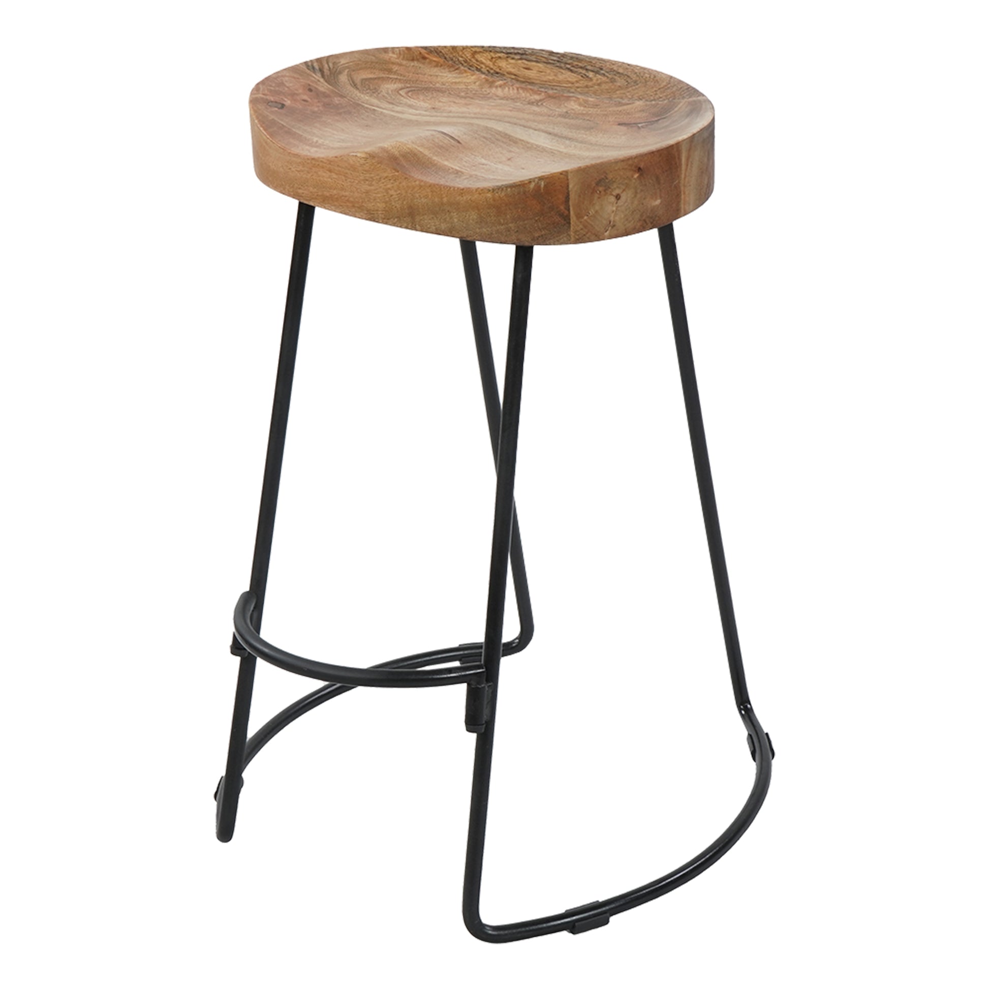 24 Inch Handcrafted Backless Barstool, Natural Brown Mango Wood Thick Saddle Seat, Black Iron Base Black Brown Metal & Wood