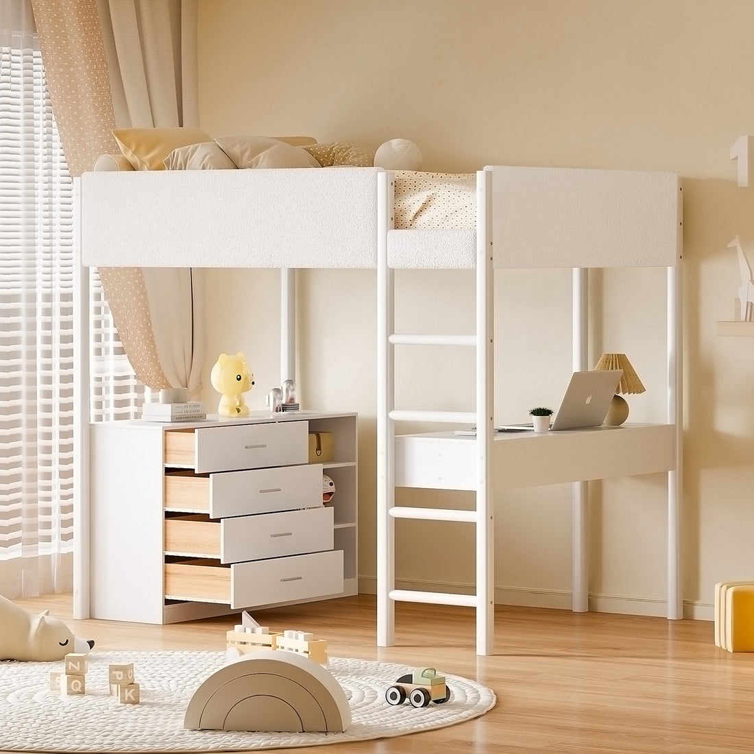 Full Size Teddy Fleeceloft Bed Wood Bed, White Full White Fleece