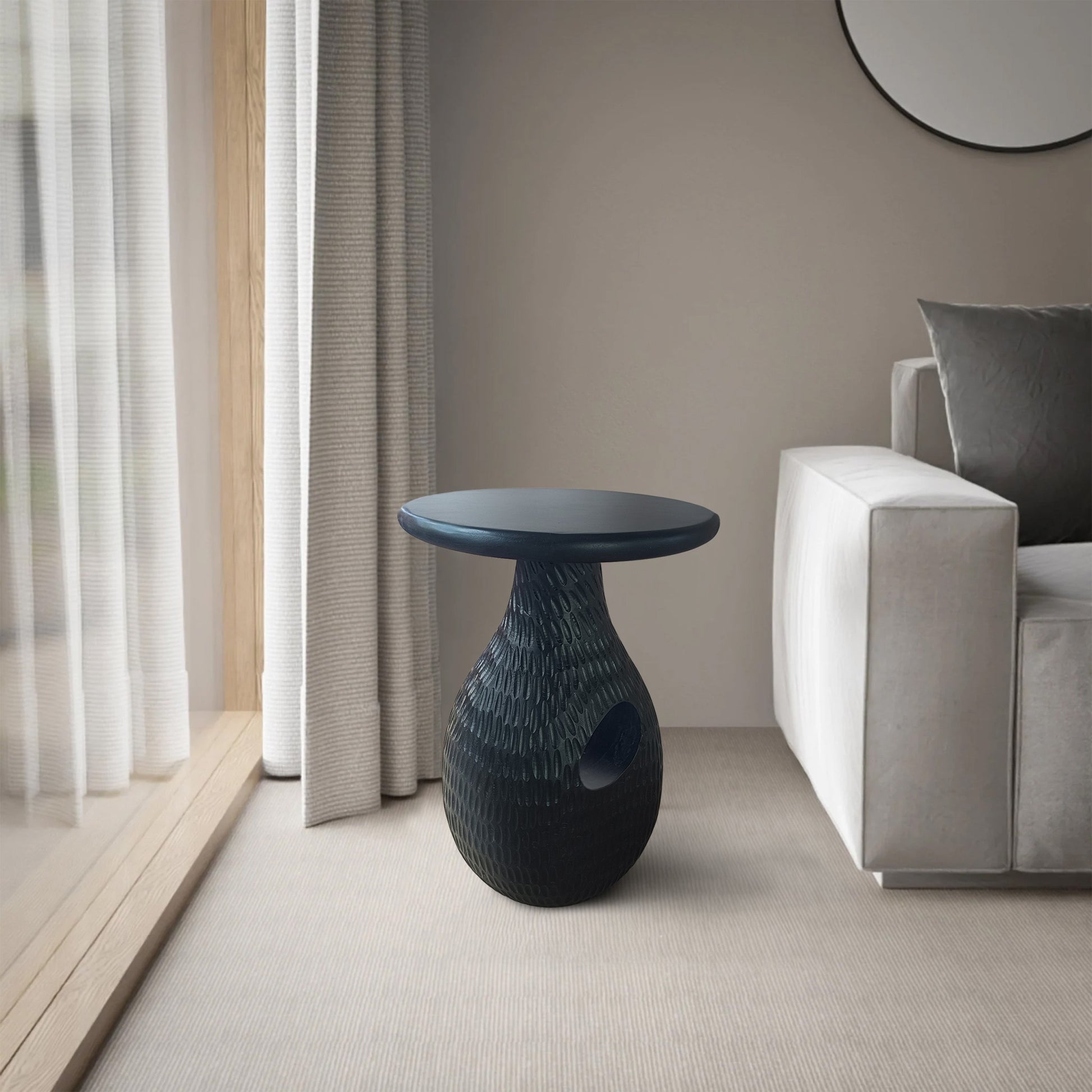 14 Inch Side End Table, Artisan Handcrafted Mango Wood, Embossed Teardrop Shaped Base, Black Black Solid Wood