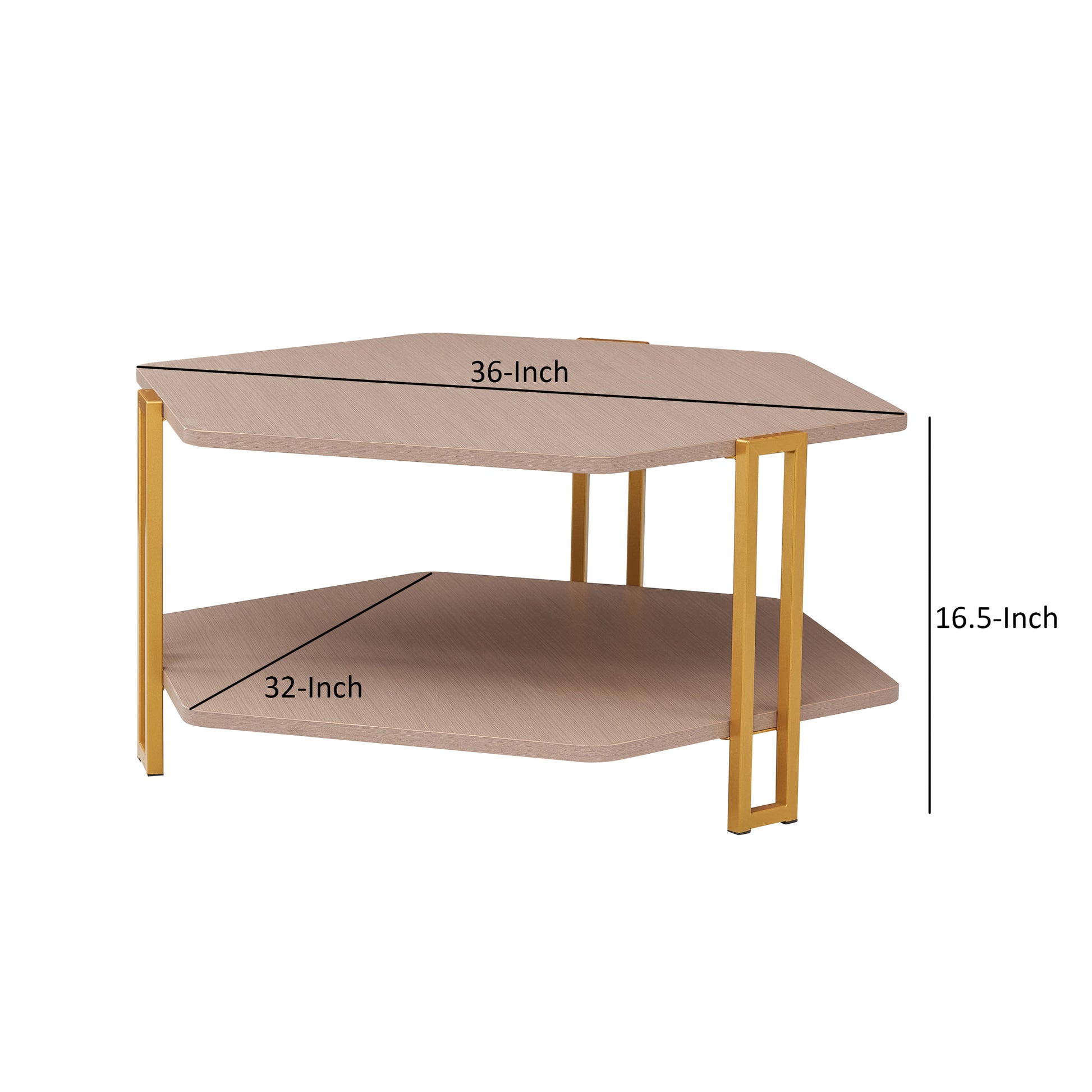 36 Inch Hexagonal Modern Coffee Table, Wood Top And Shelf, Gold Metal Legs Brown Gold Particle Board