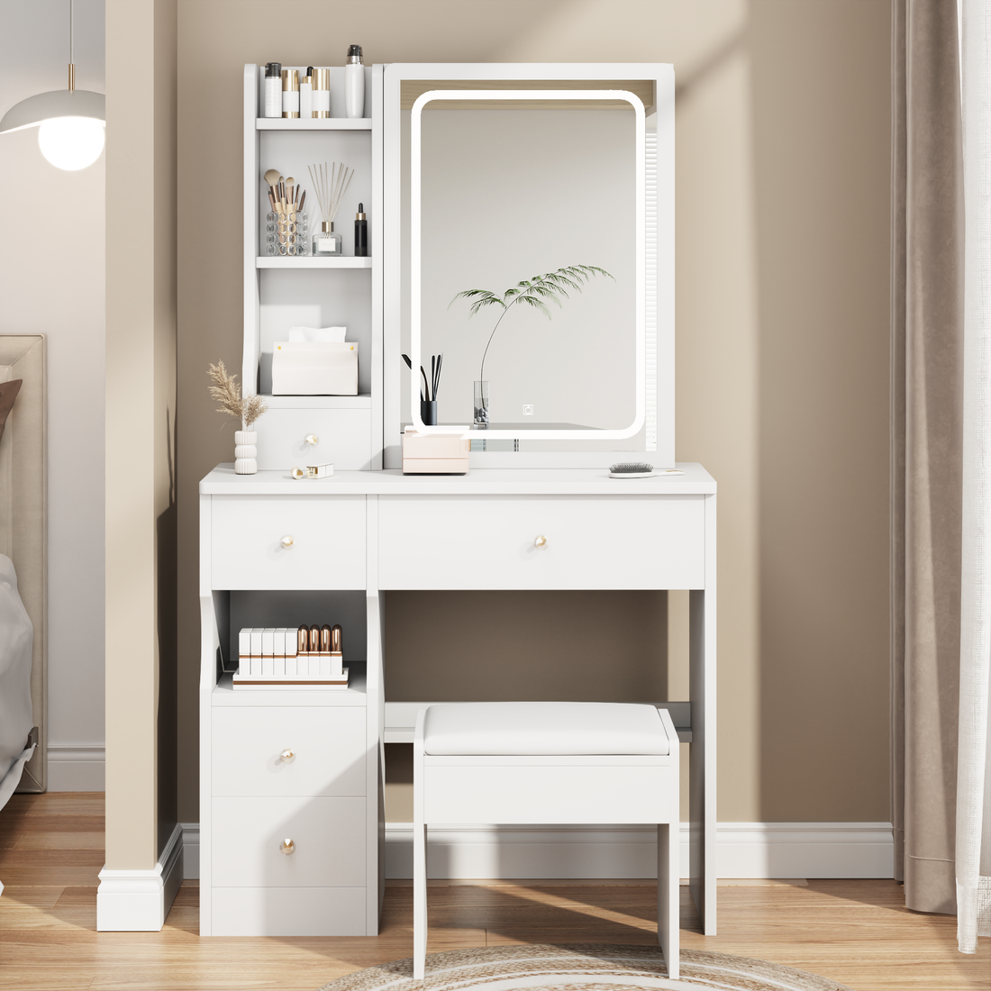 Small Space Left Drawer Desktop Vanity Table Cushioned Stool, Extra Large Touch Control Sliding Led Mirror, Tri Color Switching, Brightness Adjustable, Suitable For Girls No More Than 5.6Ft Tall White Mdf