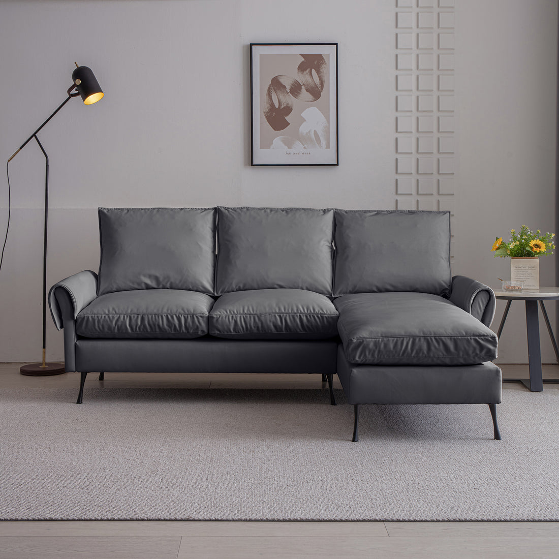 81"Modern Sectional Technical Leather L Shaped Sofa Couch With Reversible Chaise Lounge Dark Grey Modern Foam Technical Leather