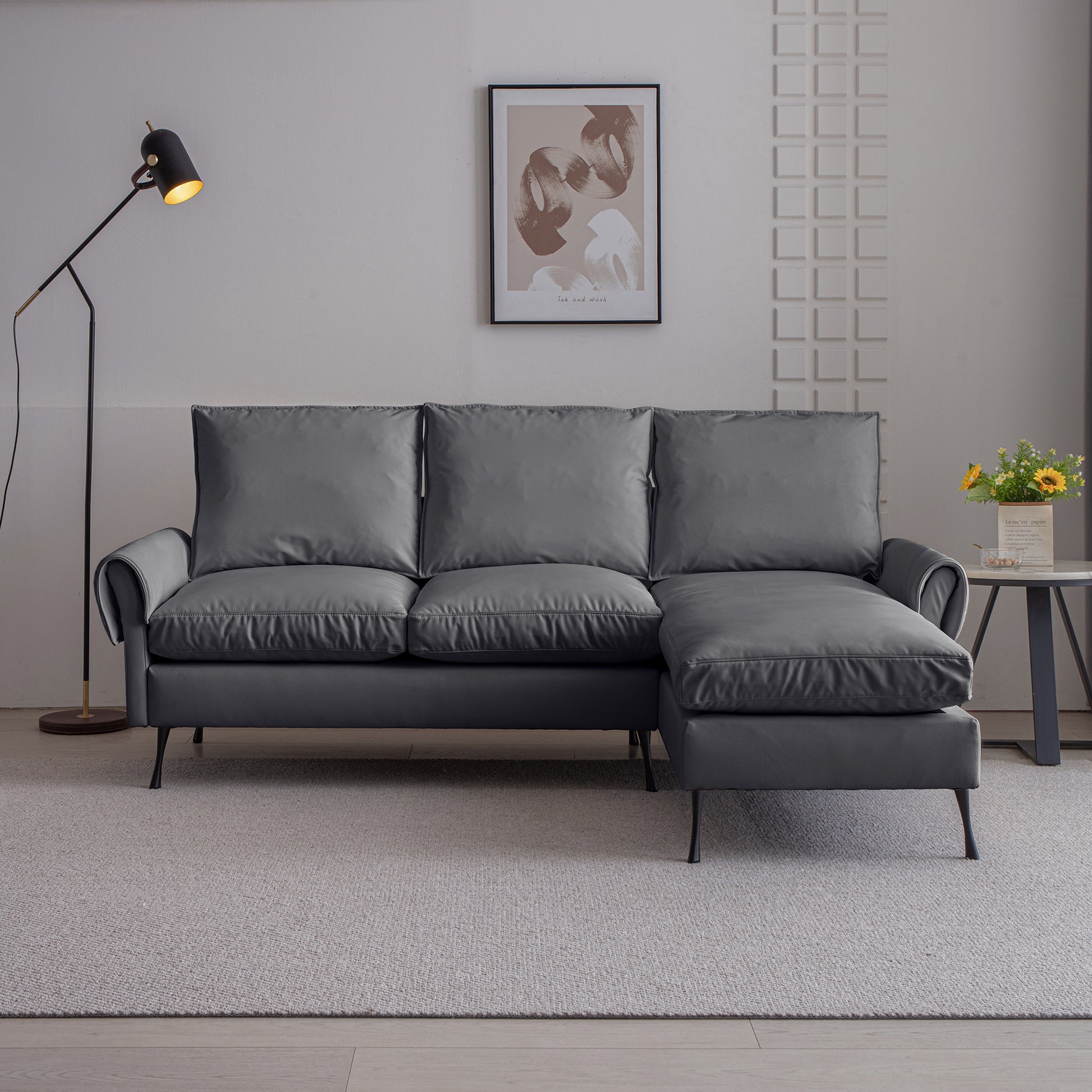 81"Modern Sectional Technical Leather L Shaped Sofa Couch With Reversible Chaise Lounge Dark Grey Modern Foam Technical Leather