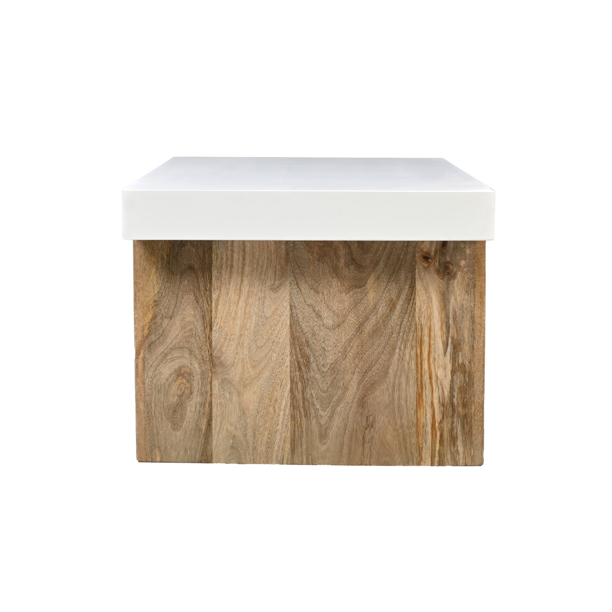 Kerry 38 Inch Mango Wood Coffee Table, Rectangular, Sled Base, Glossy White, Natural Brown Brown White Wood