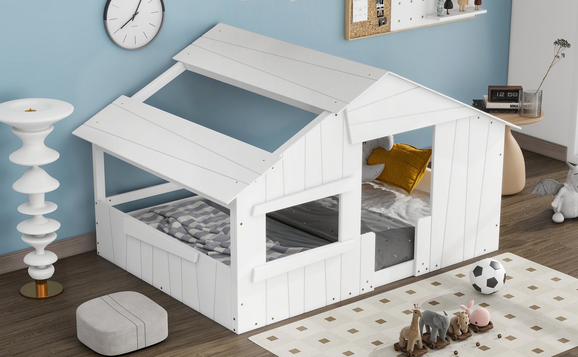 Wood Full Size House Bed With Roof, Window And Guardrail, White Box Spring Not Required Full White Wood Bedroom Solid Wood Mdf