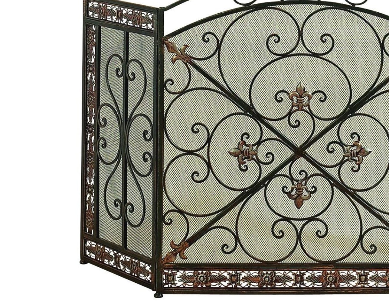 Traditional 3 Panel Metal Fire Screen With Filigree Design, Bronze, Black Black Multi Metal