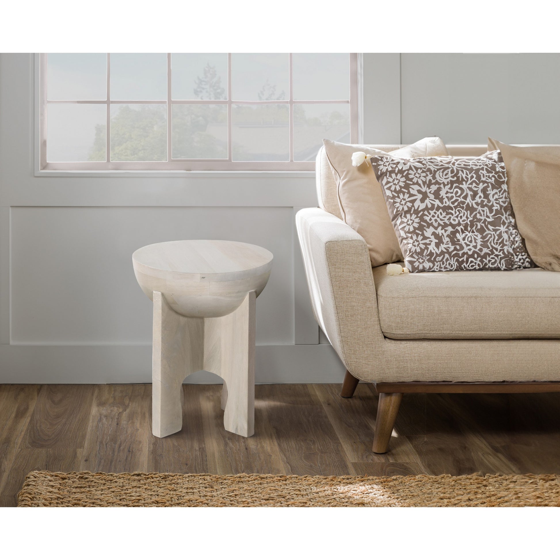 Tomas 20 Inch Side End Table, Mango Wood Drum Top, Classic Washed White White Solid Wood