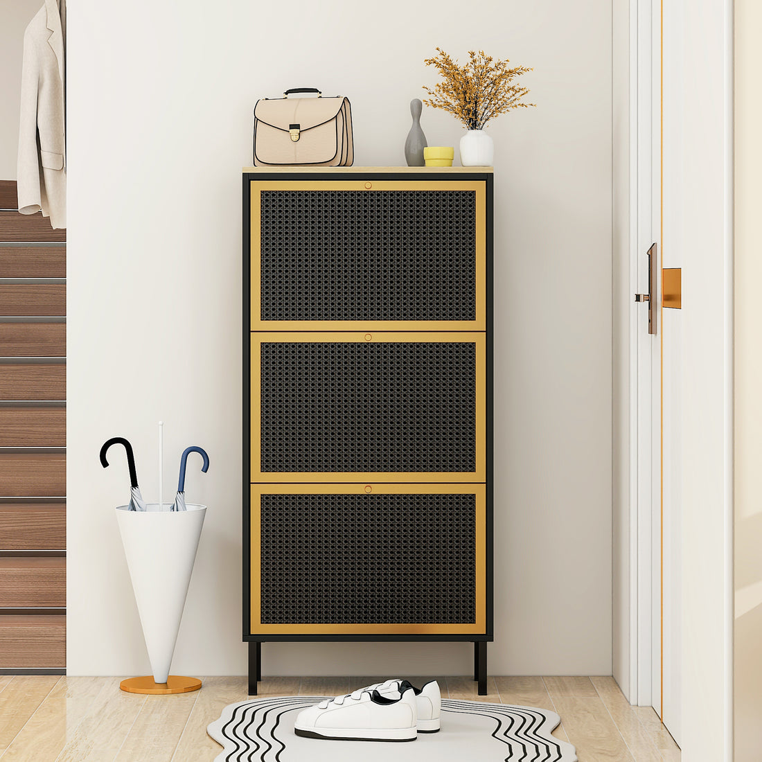 3 Metal Door Shoe Rack, Freestanding Modern Shoe Storage Cabinet, Metal Rattan, For Entryway Black Particle Board