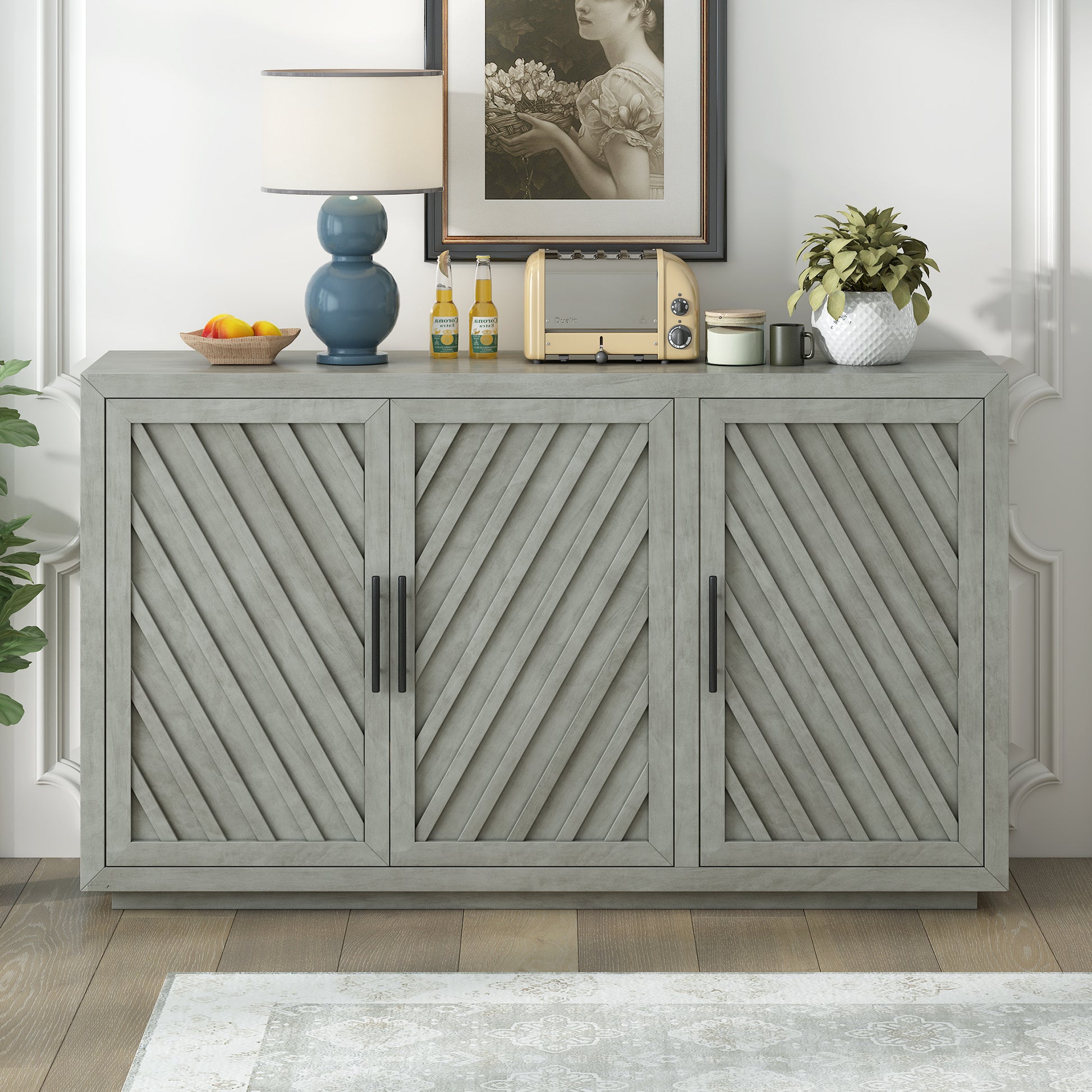 3 Door Large Storage Retro Sideboard With Adjustable Shelves And Black Handles For Kitchen, Dining Room And Living Room Antique Gray Antique Gray Solid Wood Mdf