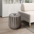 22 Inch Side End Table, Mango Wood Drum Shape With Handcrafted Grooved Edges, Gray Gray Solid Wood