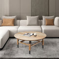 34 Inch Round Coffee Table, Handcrafted Natural Brown Mango Wood With Black Iron Legs Black Brown Metal & Wood