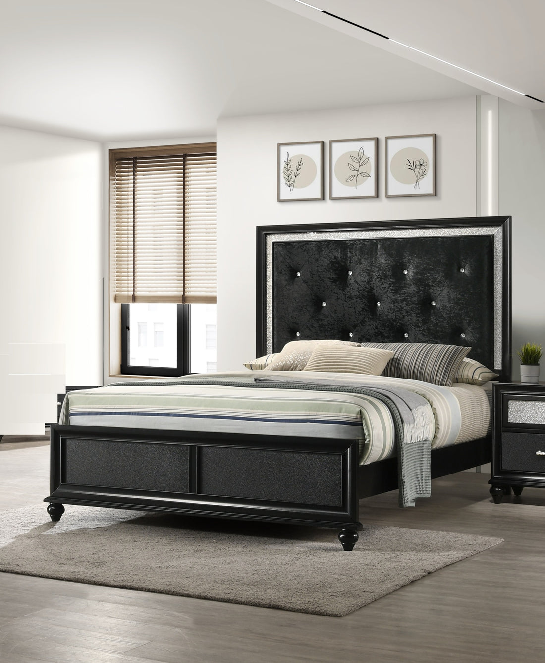 Modern Glam Style Black Finish Upholstered 1Pc King Size Panel Bed Diamond Patterned Faux Crystal Button Tufted Solid Wood Wooden Bedroom Furniture Black Solid Wood