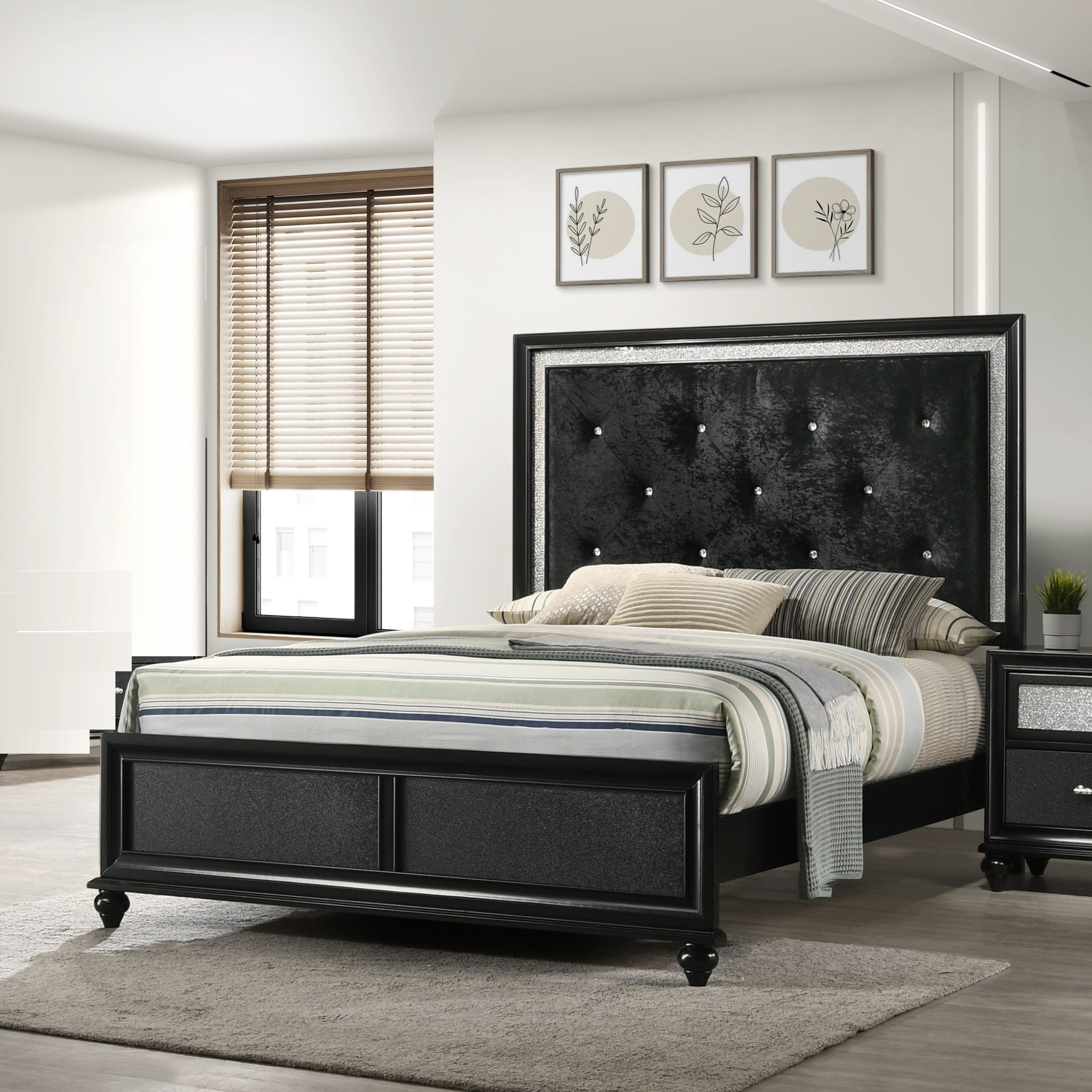 Modern Glam Style Black Finish Upholstered 1Pc Full Size Panel Bed Diamond Patterned Faux Crystal Button Tufted Solid Wood Wooden Bedroom Furniture Black Solid Wood