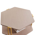 36 Inch Hexagonal Modern Coffee Table, Wood Top And Shelf, Gold Metal Legs Brown Gold Particle Board