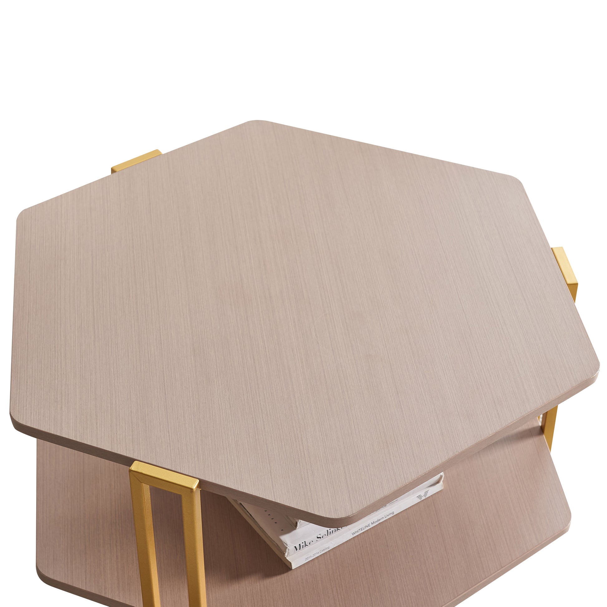 36 Inch Hexagonal Modern Coffee Table, Wood Top And Shelf, Gold Metal Legs Brown Gold Particle Board