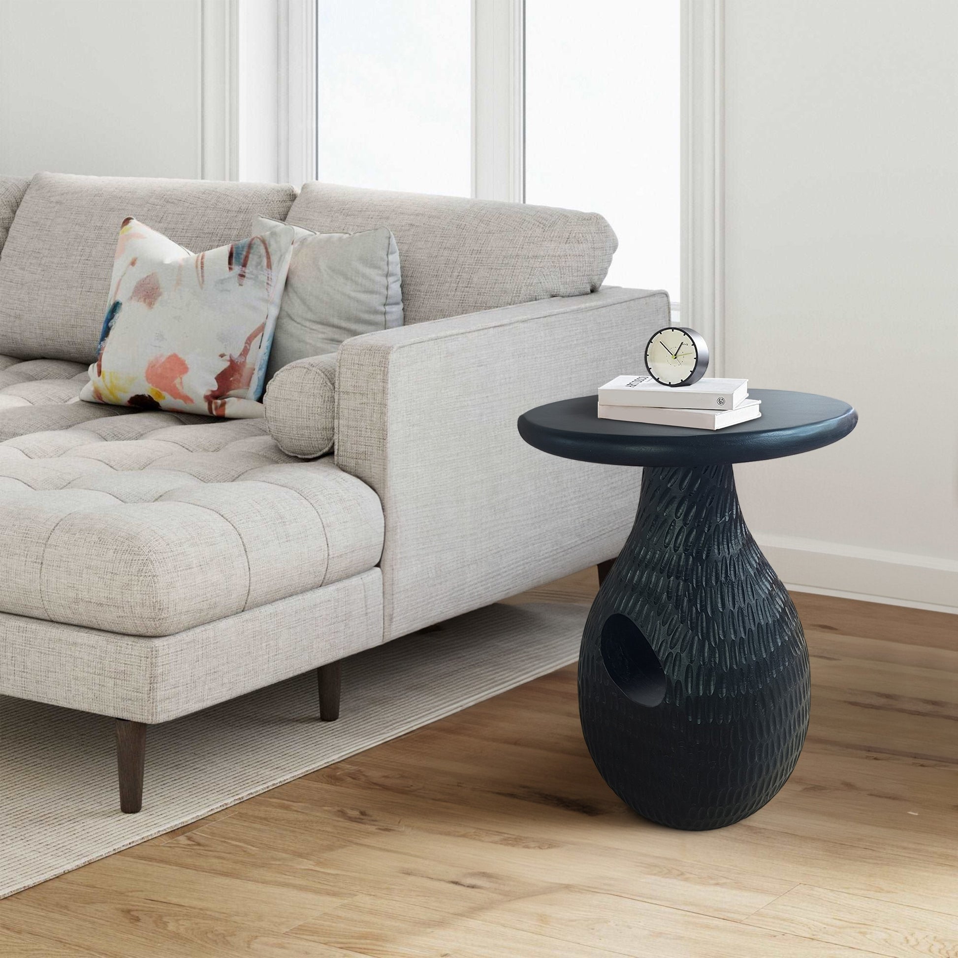 14 Inch Side End Table, Artisan Handcrafted Mango Wood, Embossed Teardrop Shaped Base, Black Black Solid Wood
