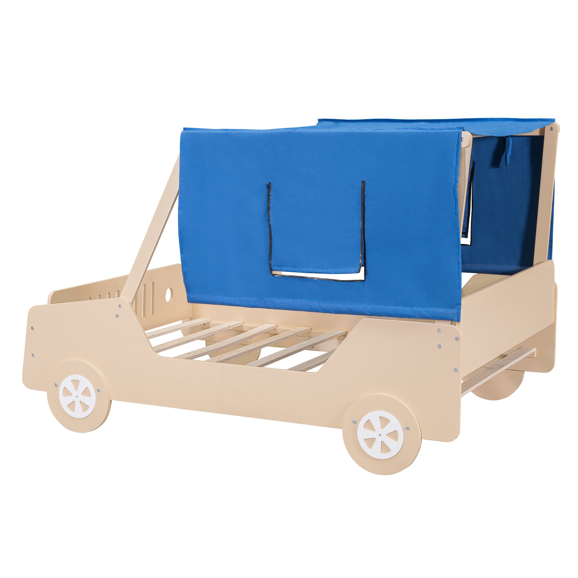 Full Size Car Shaped Bed With Tents,Natural Natural Plywood