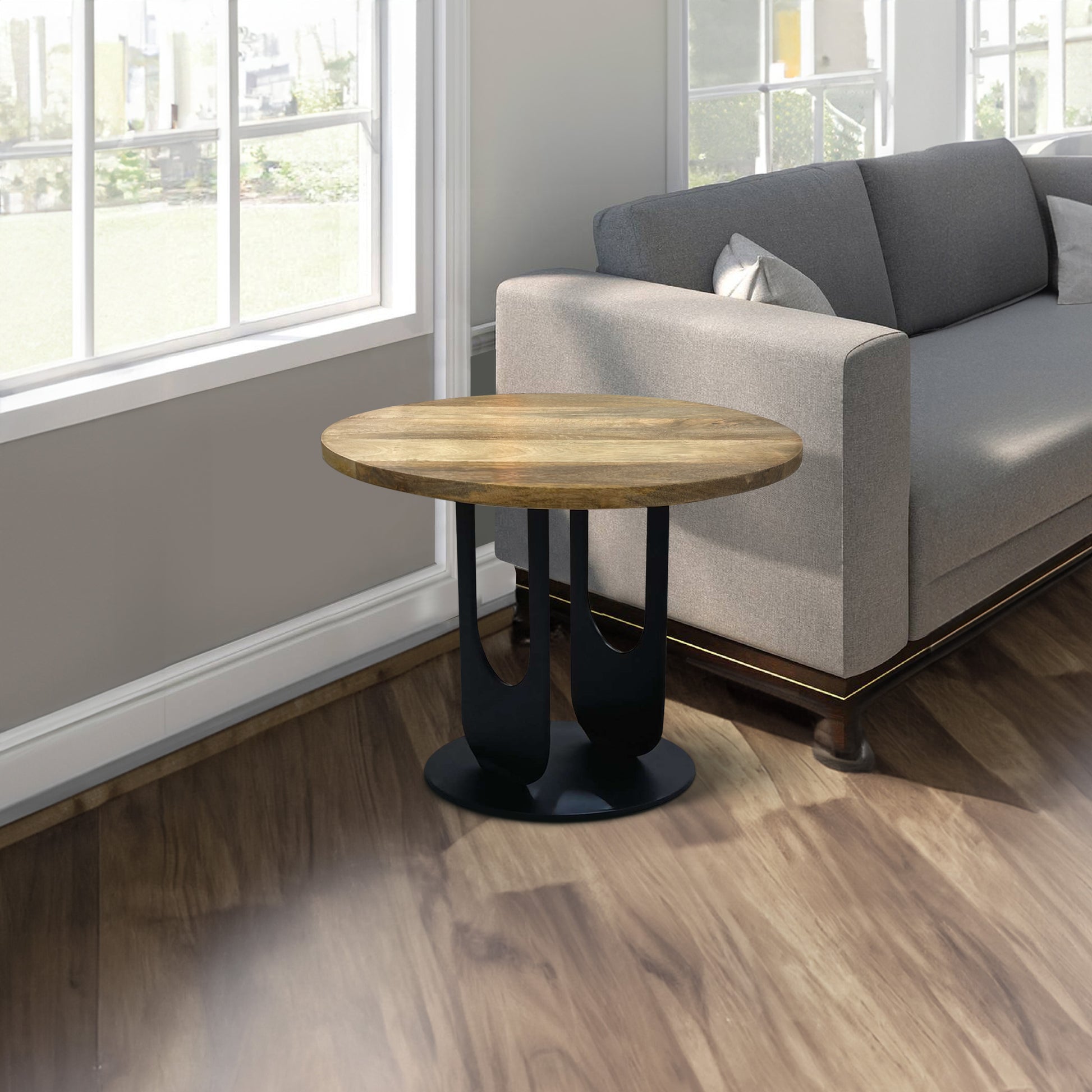 22 Inch Side End Table, Round Natural Mango Wood Top, Black Iron U Shaped Legs Black Brown Metal & Wood