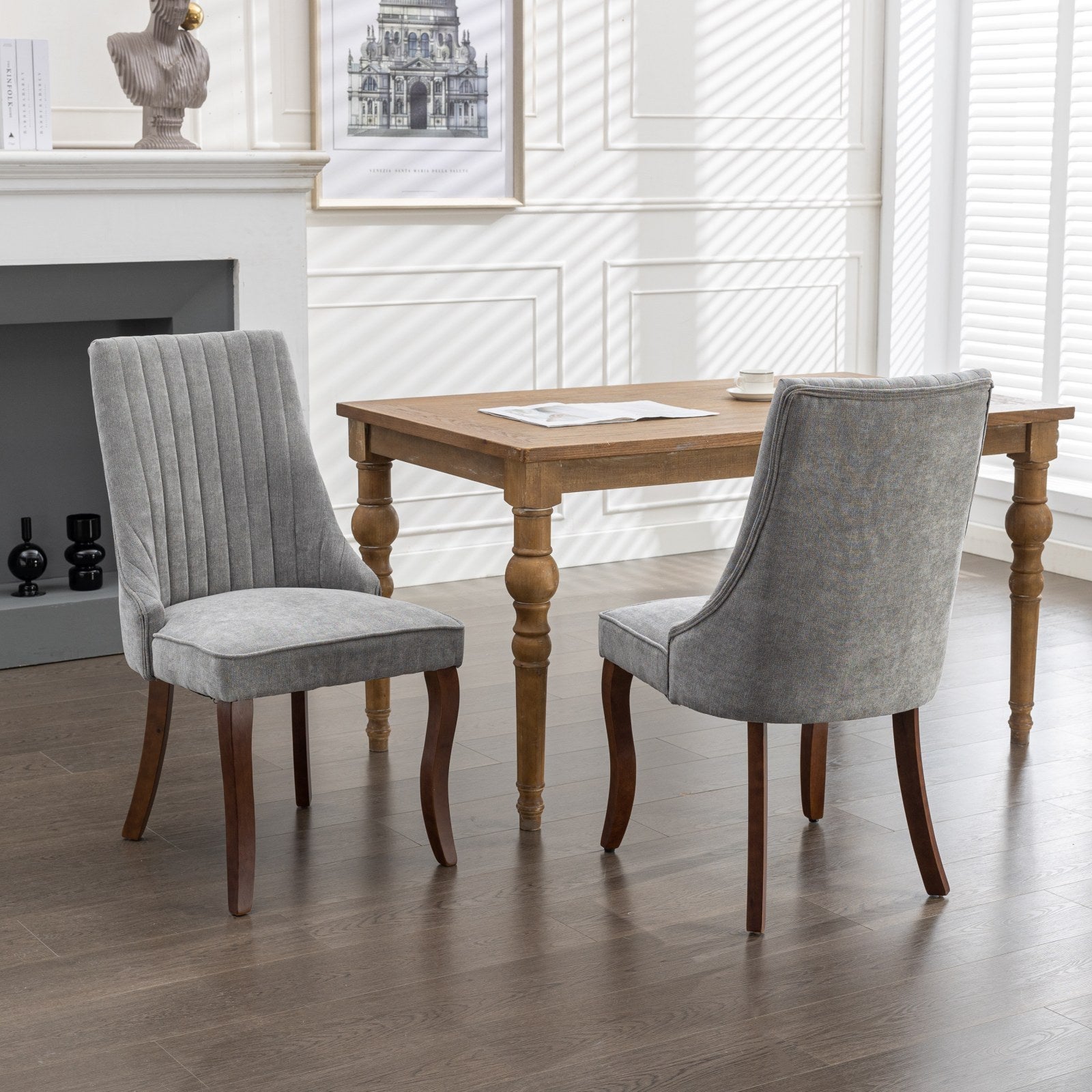 Rayon Cloth Flocking Linen Dining Chairs Channel Kitchen Dinner Chair Comfy Fabric Upholstered Accent Chair For Dining Room With Curved Solid Wood Legs,Set Of 2 Gray , Sw1847Gy Gray Light Brown Dining Room American Design,American Traditional Dining
