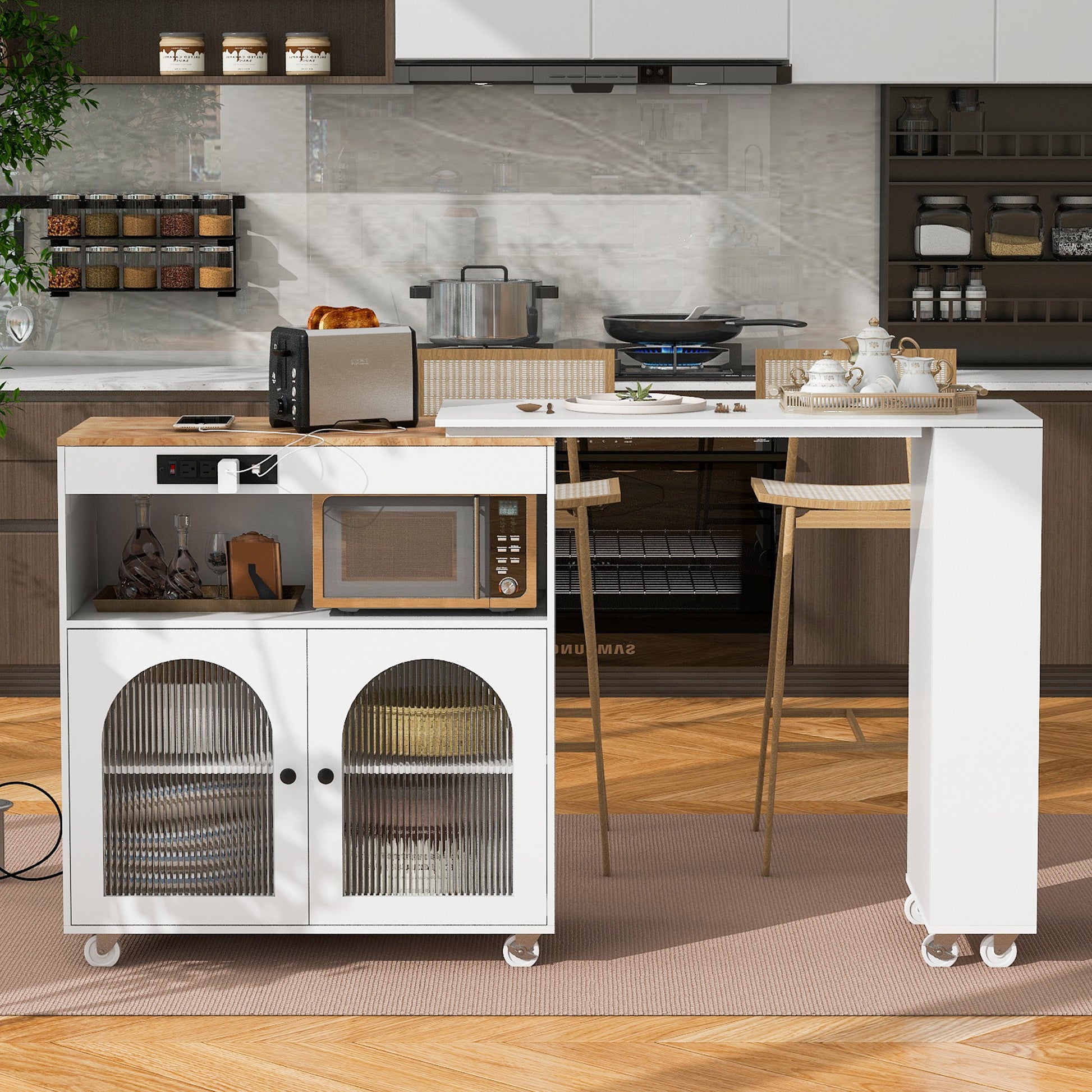 K&K Rolling Kitchen Island With Extended Table, Kitchen Island On Wheels With Led Lights,Power Outlets And 2 Fluted Glass Doors, Kitchen Island With A Storage Compartment And Side 3 Open