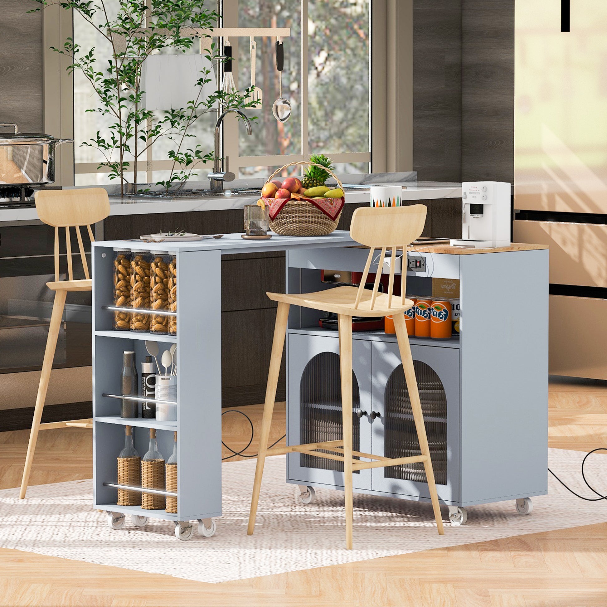 K&K Rolling Kitchen Island With Extended Table, Kitchen Island On Wheels With Led Lights,Power Outlets And 2 Fluted Glass Doors, Kitchen Island With A Storage Compartment And Side 3 Open Shelves, Grey Grey Blue Kitchen Classic,European,Modern Rectangular