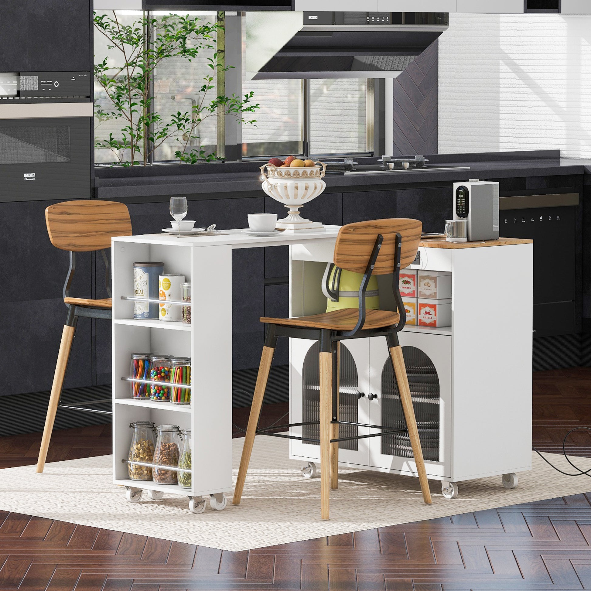 K&K Rolling Kitchen Island With Extended Table, Kitchen Island On Wheels With Led Lights,Power Outlets And 2 Fluted Glass Doors, Kitchen Island With A Storage Compartment And Side 3 Open