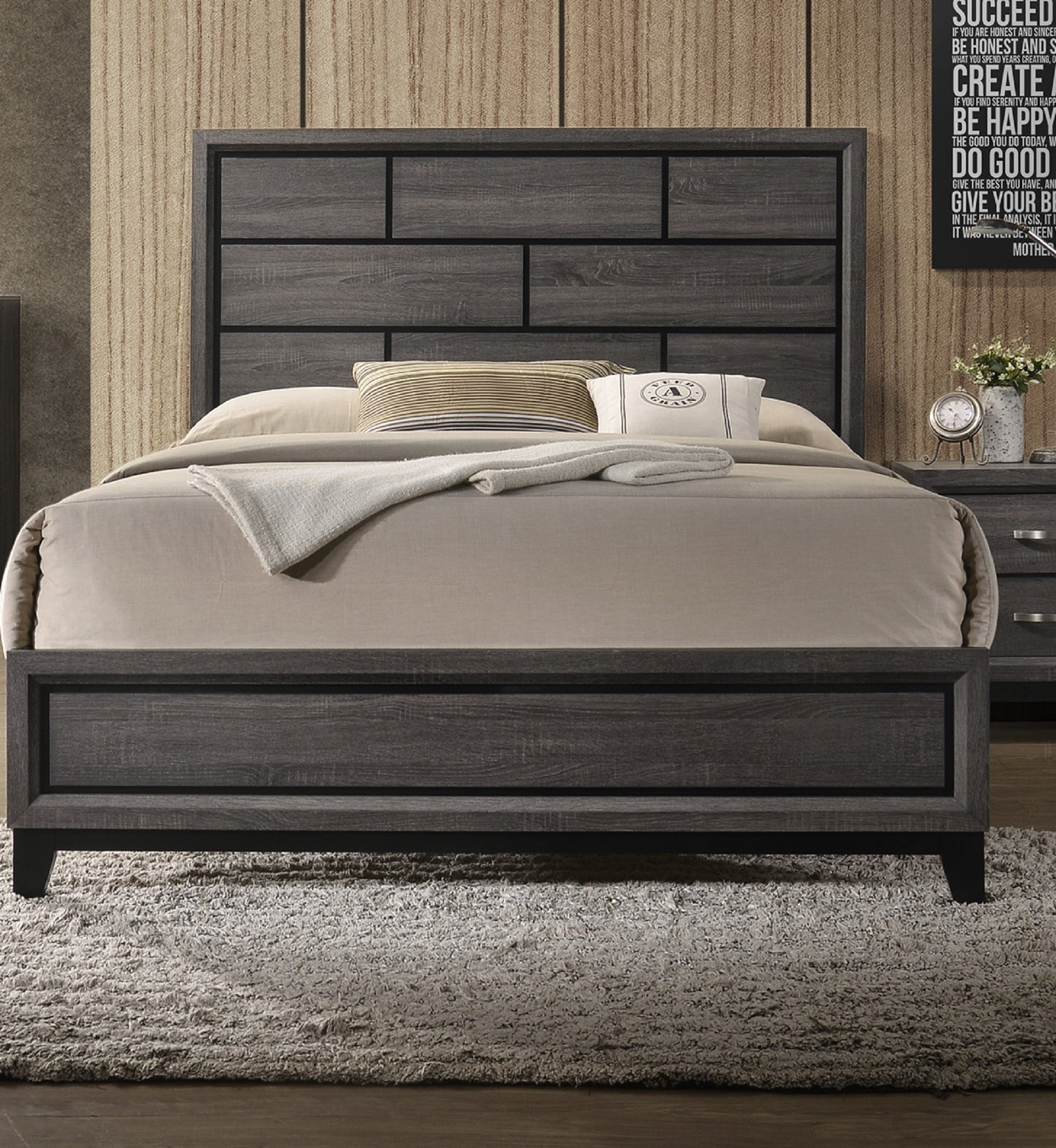 Cotemporary Gray Finish Queen Size Panel Low Profile Bed Geometric Design Wooden Bedroom Furniture Brown Gray Wood