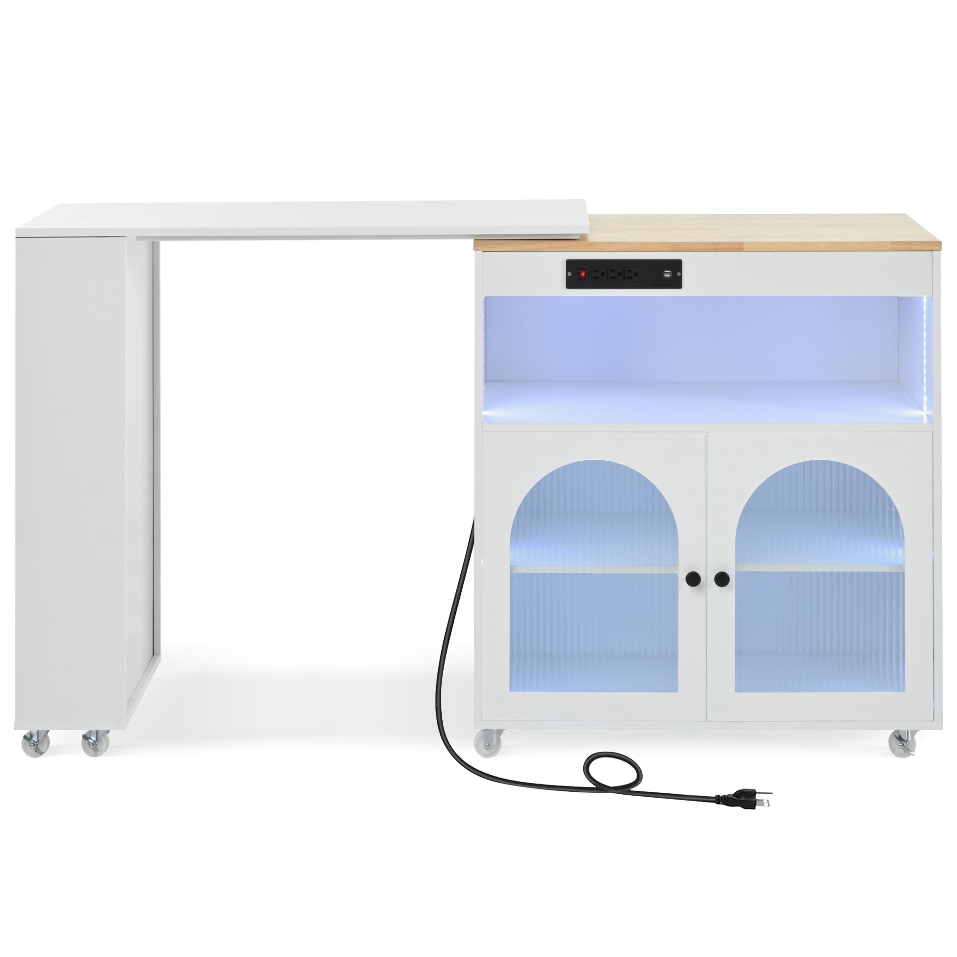 K&K Rolling Kitchen Island With Extended Table, Kitchen Island On Wheels With Led Lights,Power Outlets And 2 Fluted Glass Doors, Kitchen Island With A Storage Compartment And Side 3 Open