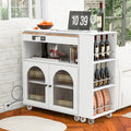 K&K Rolling Kitchen Island With Extended Table, Kitchen Island On Wheels With Led Lights,Power Outlets And 2 Fluted Glass Doors, Kitchen Island With A Storage Compartment And Side 3 Open