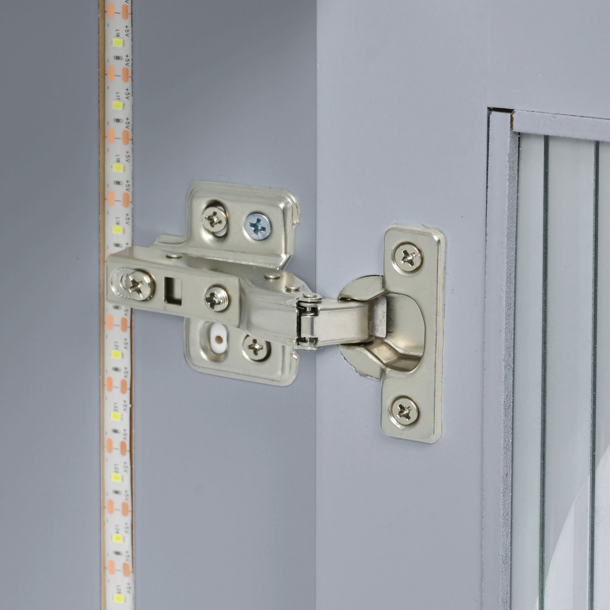 K&K Rolling Kitchen Island With Extended Table, Kitchen Island On Wheels With Led Lights,Power Outlets And 2 Fluted Glass Doors, Kitchen Island With A Storage Compartment And Side 3 Open Shelves, Grey Grey Blue Kitchen Classic,European,Modern Rectangular