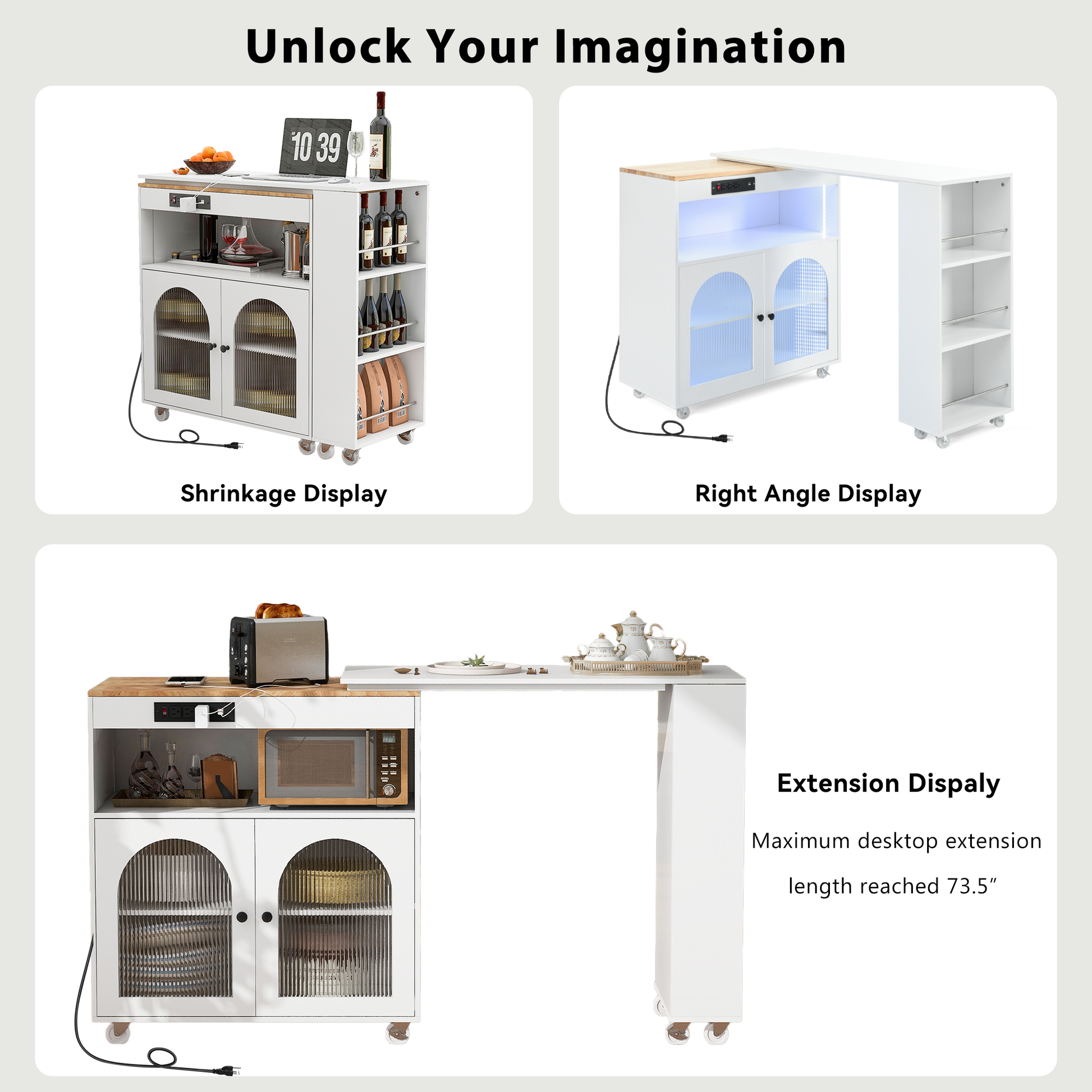 K&K Rolling Kitchen Island With Extended Table, Kitchen Island On Wheels With Led Lights,Power Outlets And 2 Fluted Glass Doors, Kitchen Island With A Storage Compartment And Side 3 Open