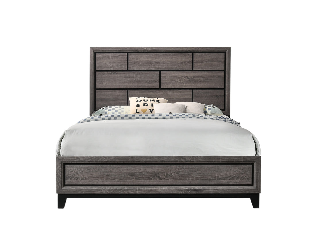 Cotemporary Gray Finish Queen Size Panel Low Profile Bed Geometric Design Wooden Bedroom Furniture Brown Gray Wood