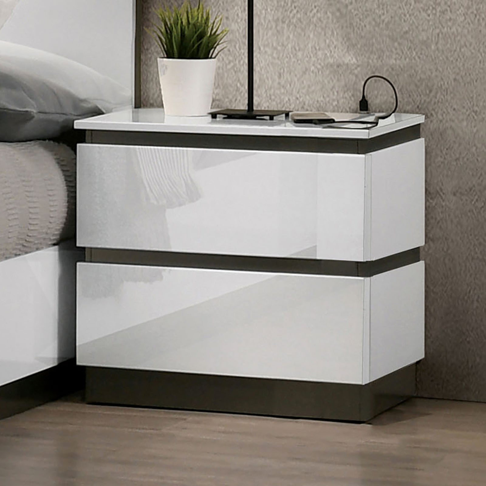 Contemporary 1Pc Nightstand White Color High Gloss Finish W Metallic Accents Bedside Table W Usb Port Bedroom Furniture White 2 Drawers Bedroom Bedside Cabinet Classic,Contemporary,Modern Drawers White Solid Wood