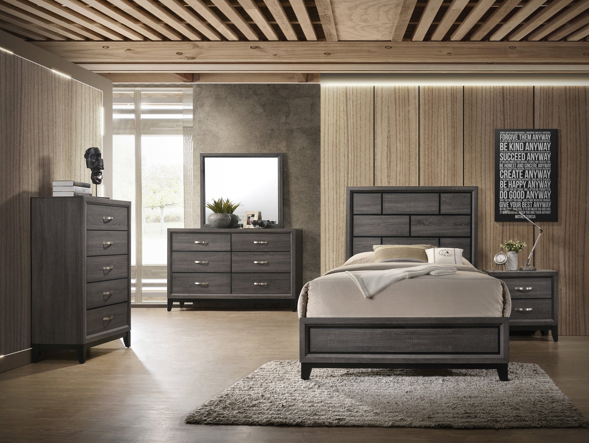 Cotemporary Gray Finish Queen Size Panel Low Profile Bed Geometric Design Wooden Bedroom Furniture Brown Gray Wood